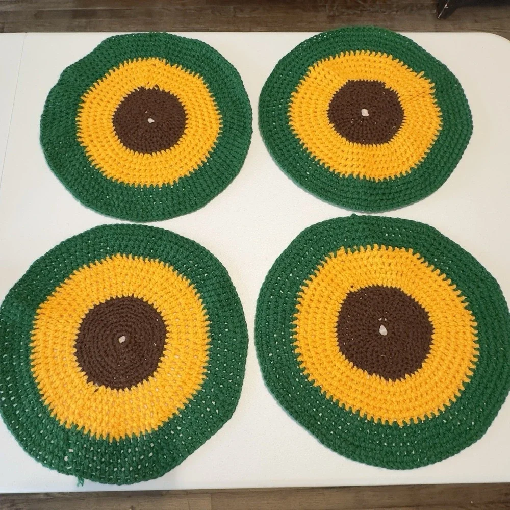 Vintage Green Yellow Crocheted Placemats Set of 4, Handmade Round 13